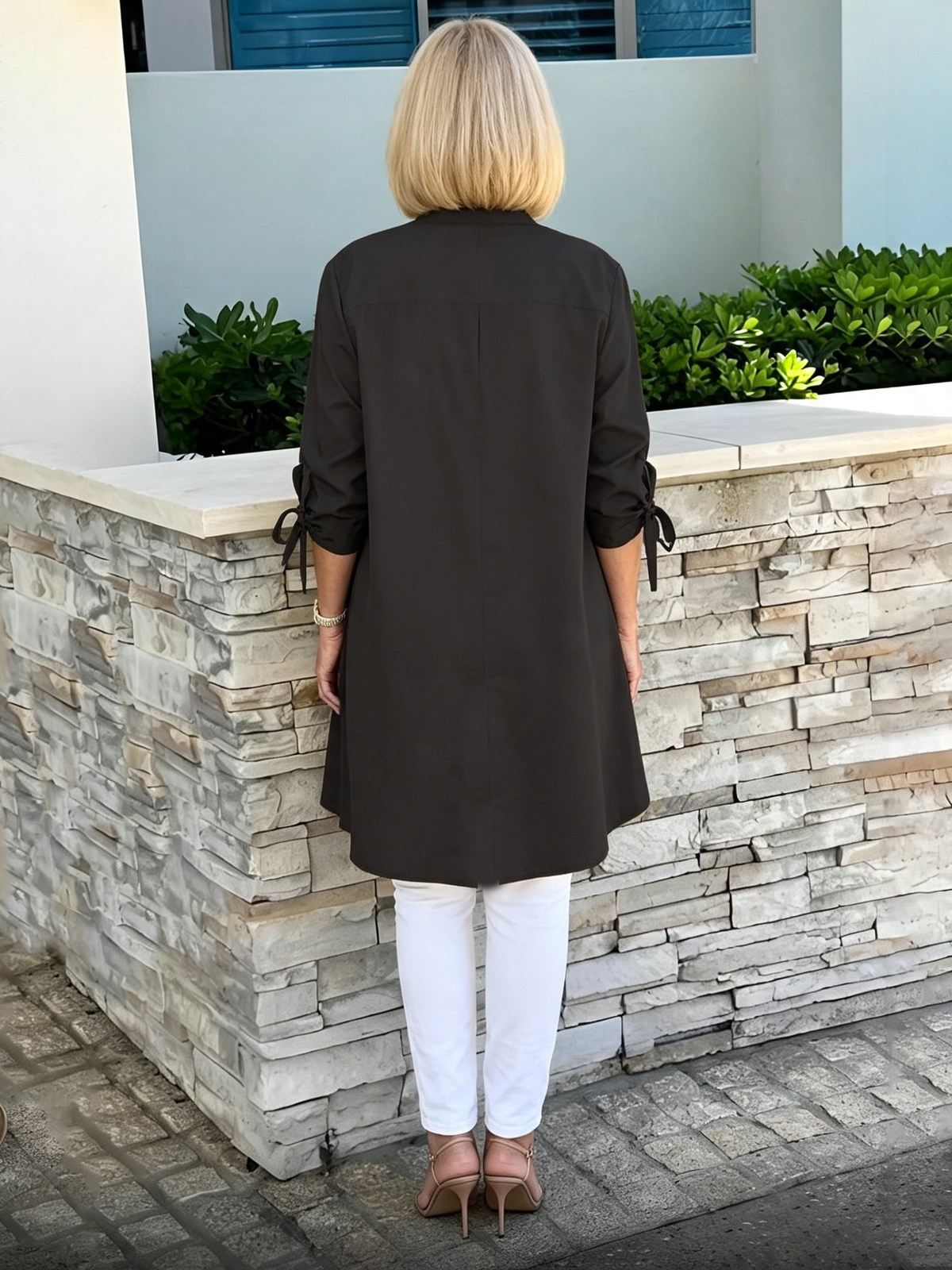 Solid Color Long Cotton Shirt Flattering Gathered Yolk At The Back
