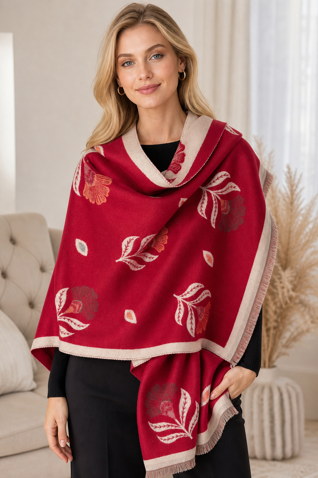 🌸🌸Women's Floral Pattern Raw Trim Shawl