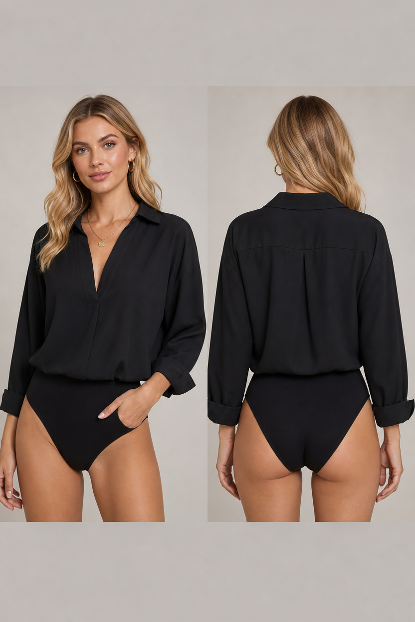 🌸🌸Women's V-Neck Woven Long Sleeve Bodysuit