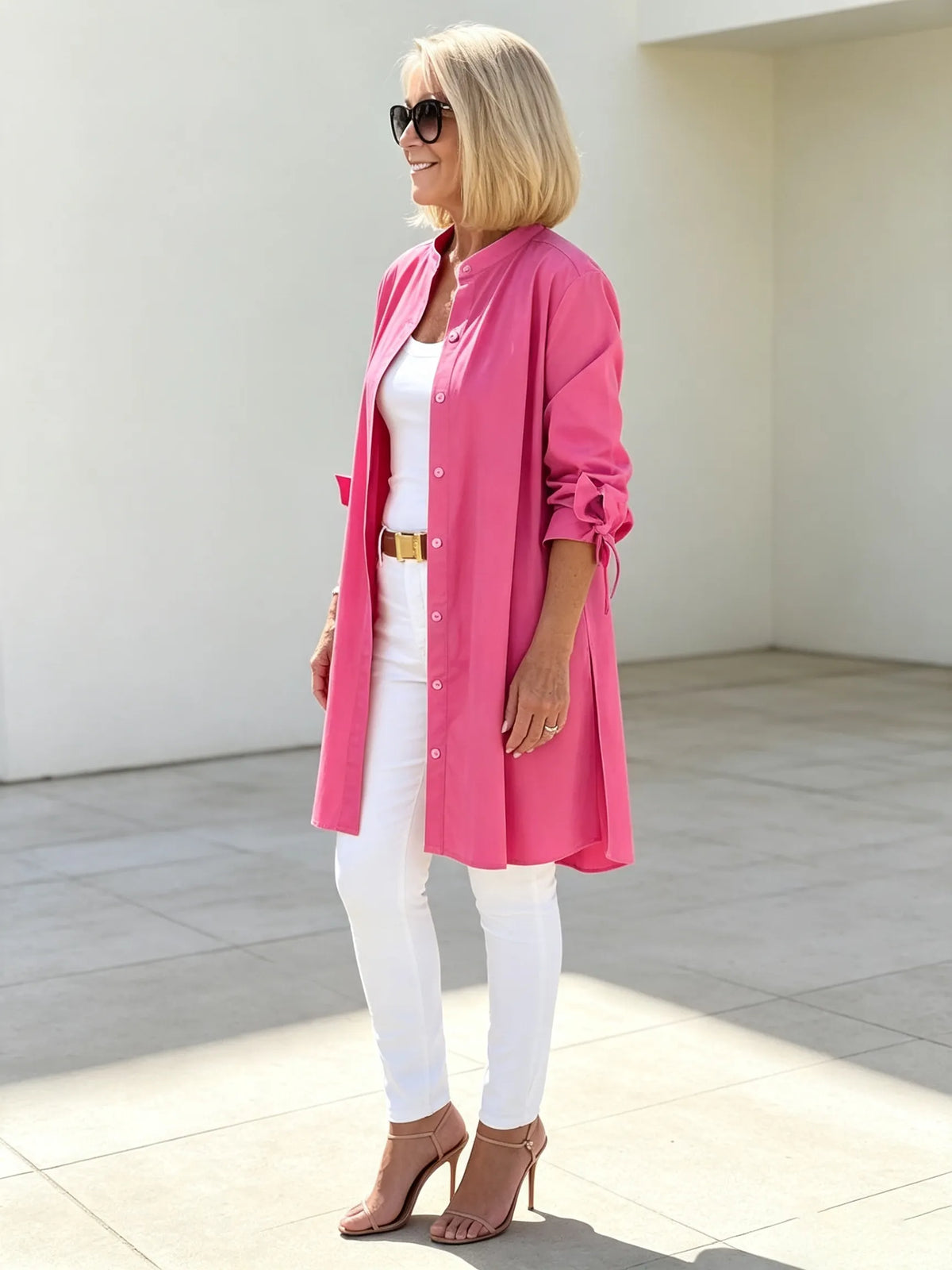 Solid Color Long Cotton Shirt Flattering Gathered Yolk At The Back