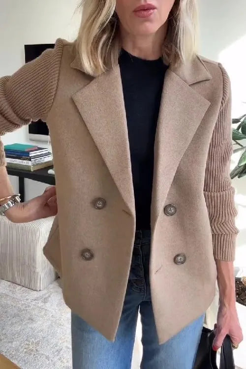 🌹🌹Women's Lapel Button Patchwork Sleeve Casual Coat with Two Pockets on the Sides
