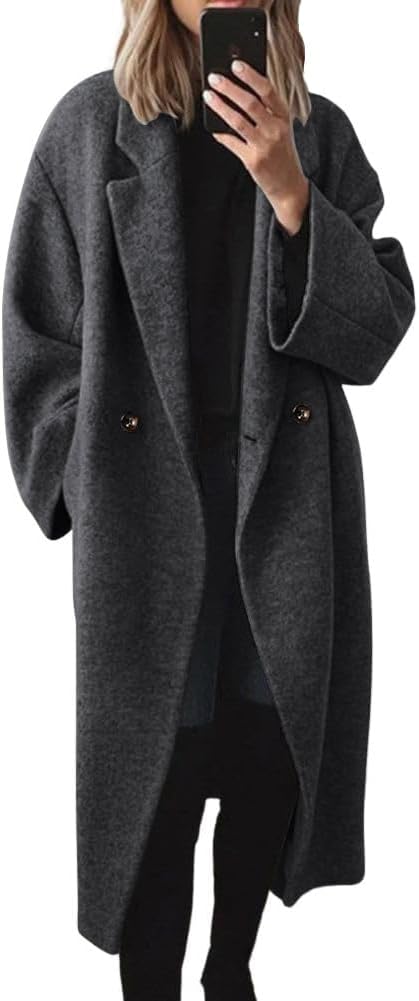 🍂 Women's Winter Double Breasted Wool Coat Long Sleeve Notch Lapel Long Trench Coat