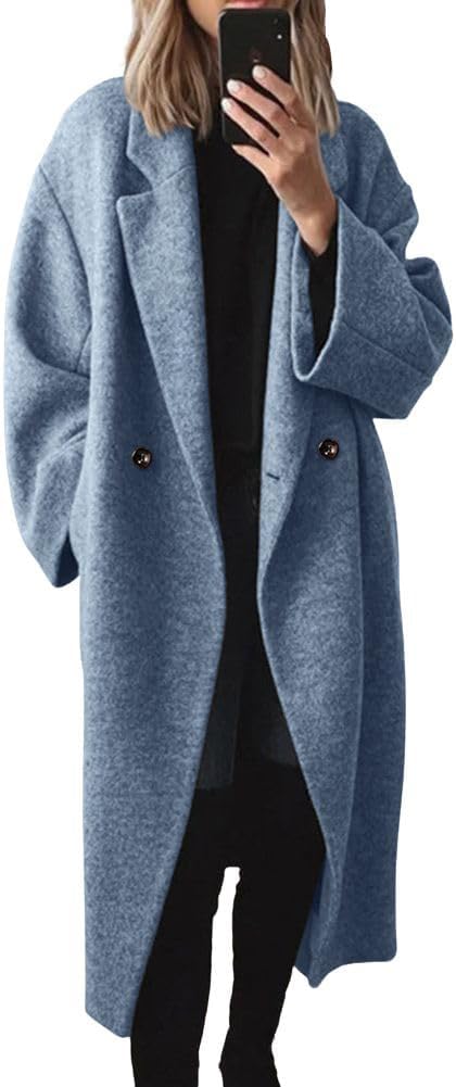 🍂 Women's Winter Double Breasted Wool Coat Long Sleeve Notch Lapel Long Trench Coat