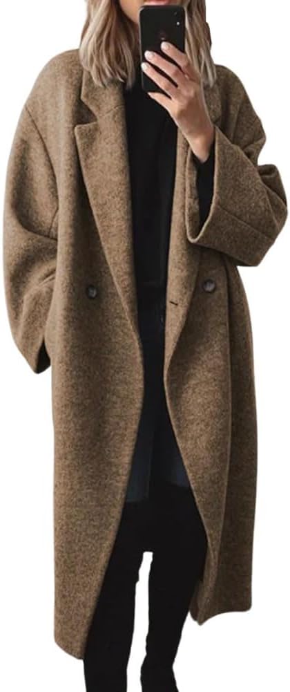 🍂 Women's Winter Double Breasted Wool Coat Long Sleeve Notch Lapel Long Trench Coat