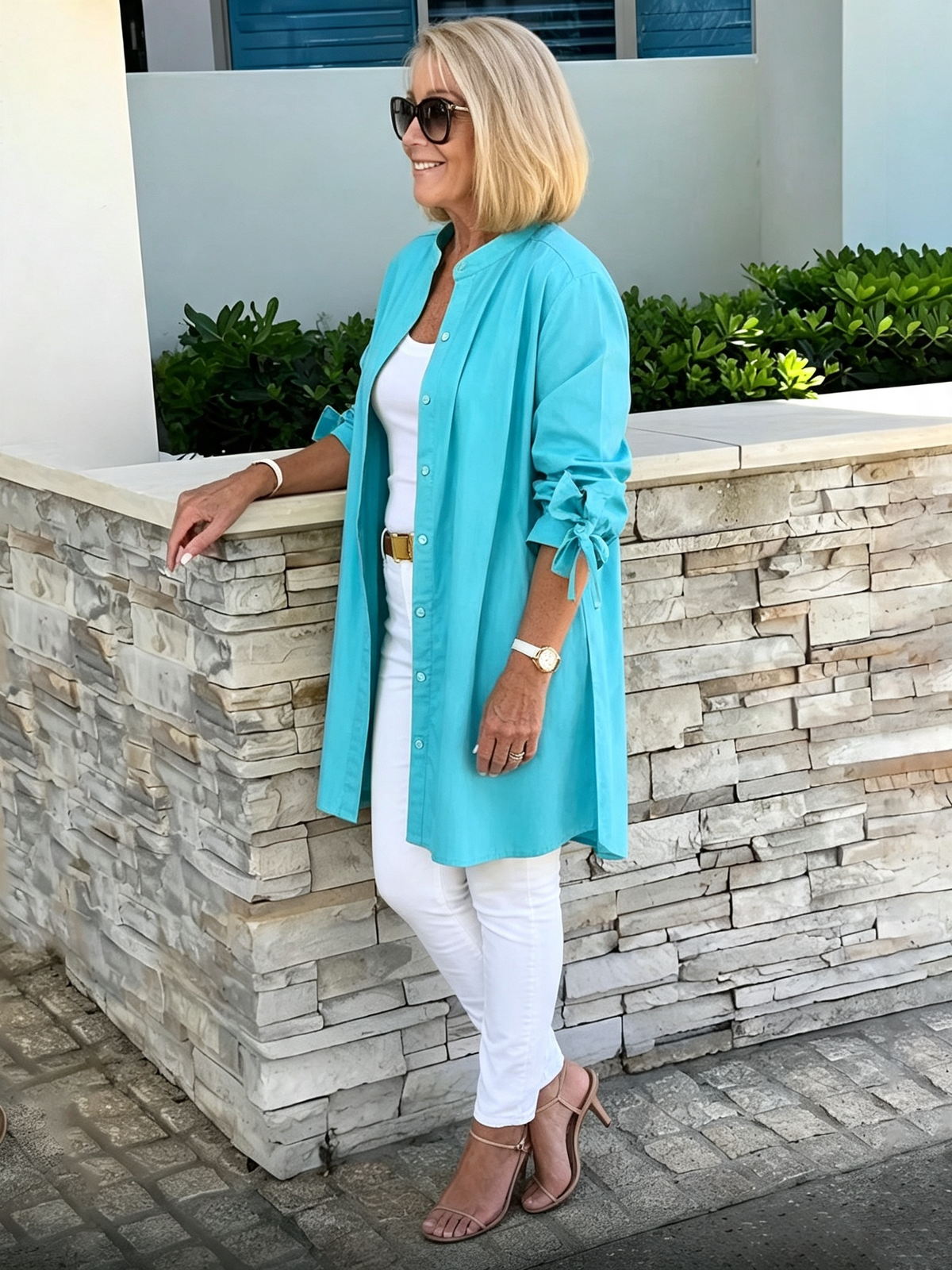 Solid Color Long Cotton Shirt Flattering Gathered Yolk At The Back