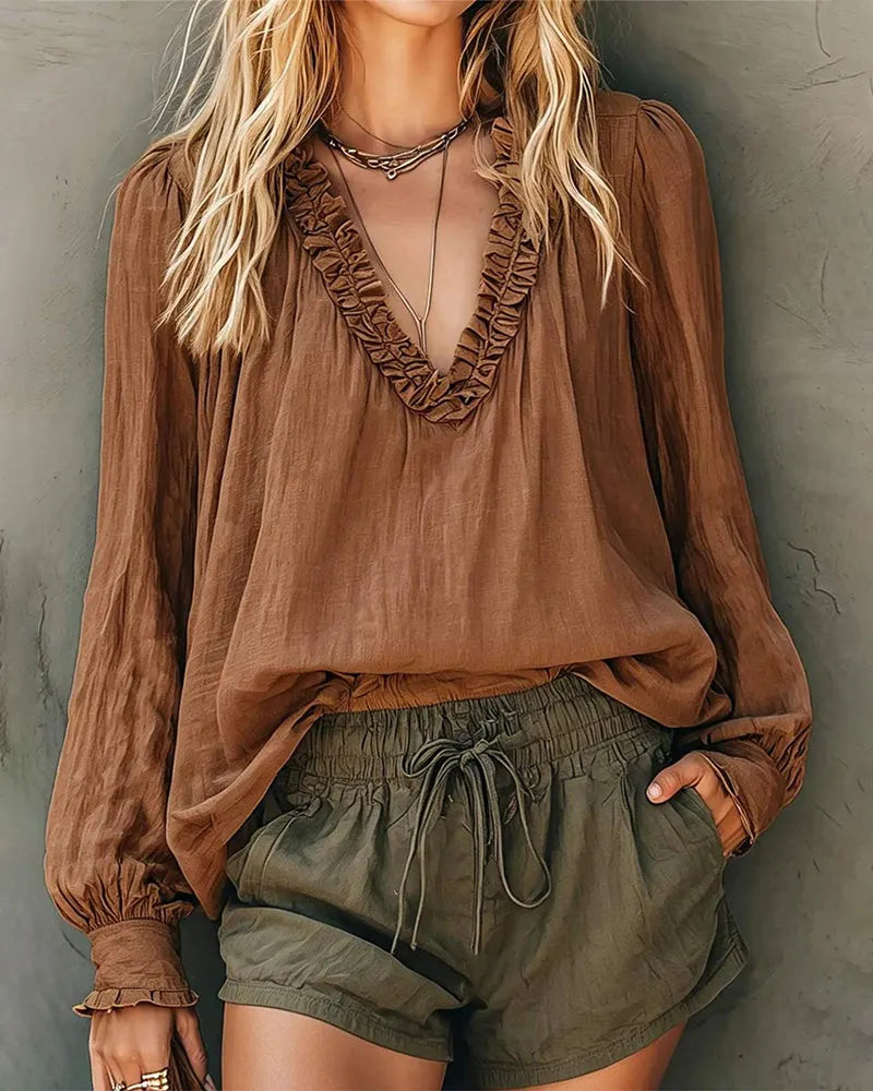 Casual Ruffled V-Neck Puff Sleeve Textured Blouse