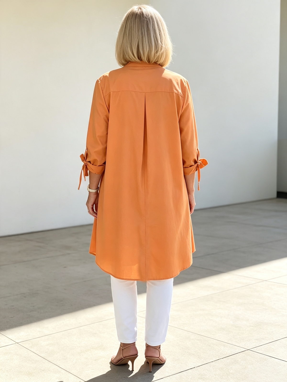 Solid Color Long Cotton Shirt Flattering Gathered Yolk At The Back