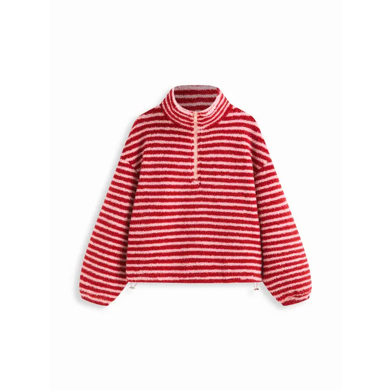 🌸🌸Women Cider Fleece Stripe Half Zip Oversized Sweatshirt
