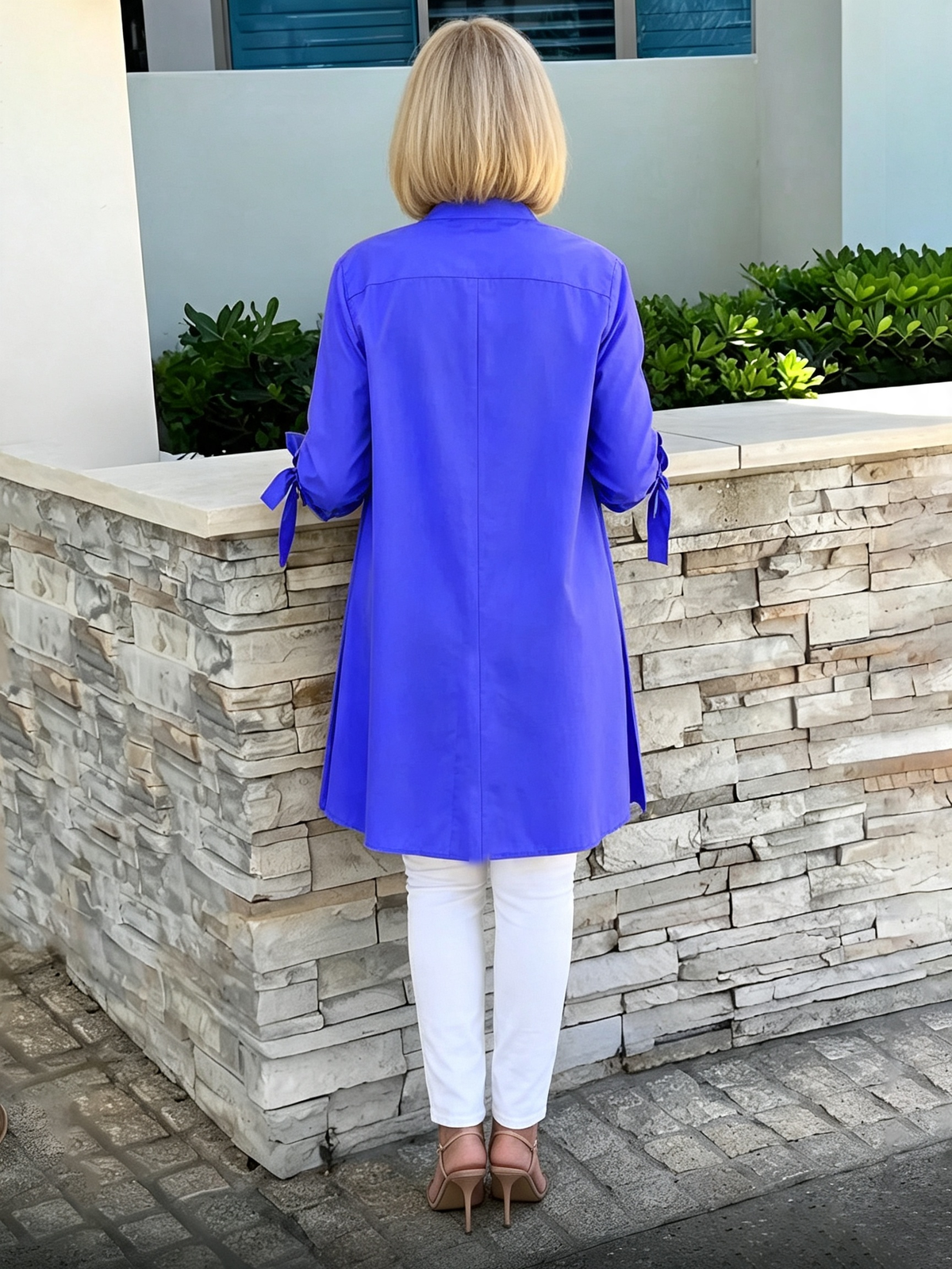 Solid Color Long Cotton Shirt Flattering Gathered Yolk At The Back