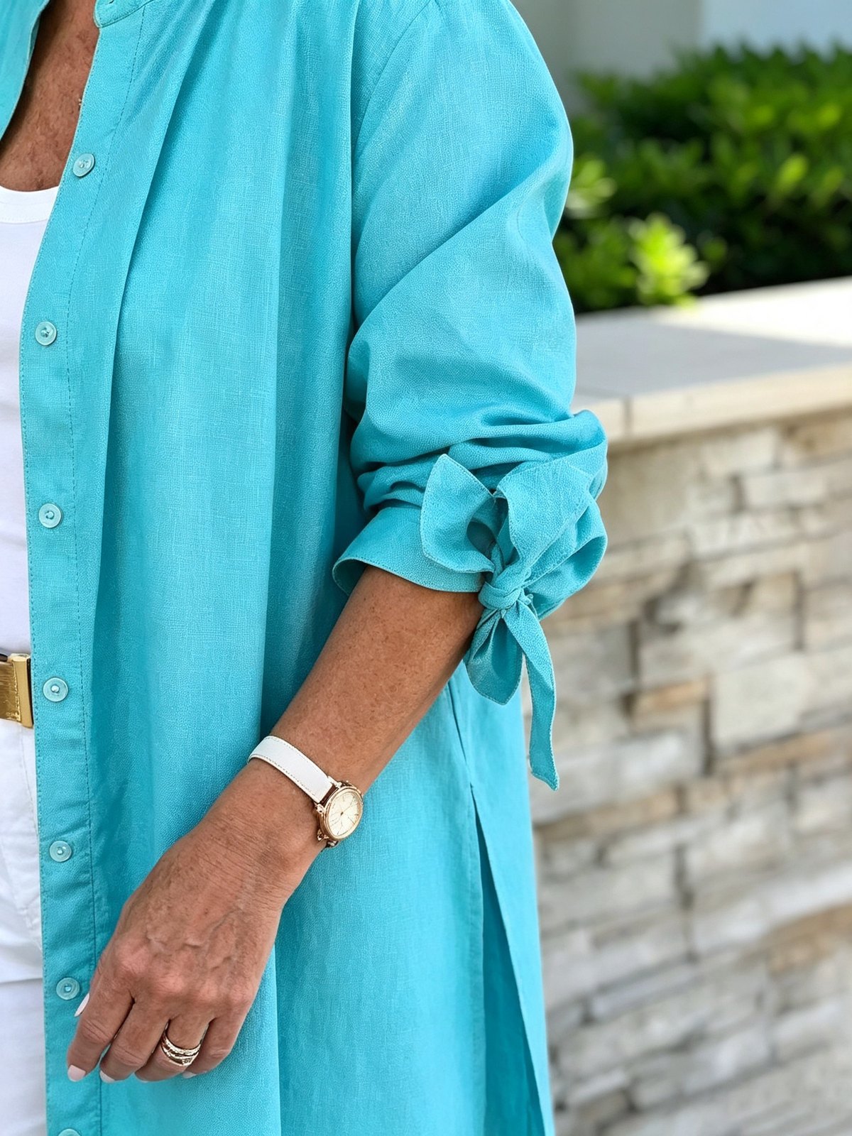 Solid Color Long Cotton Shirt Flattering Gathered Yolk At The Back