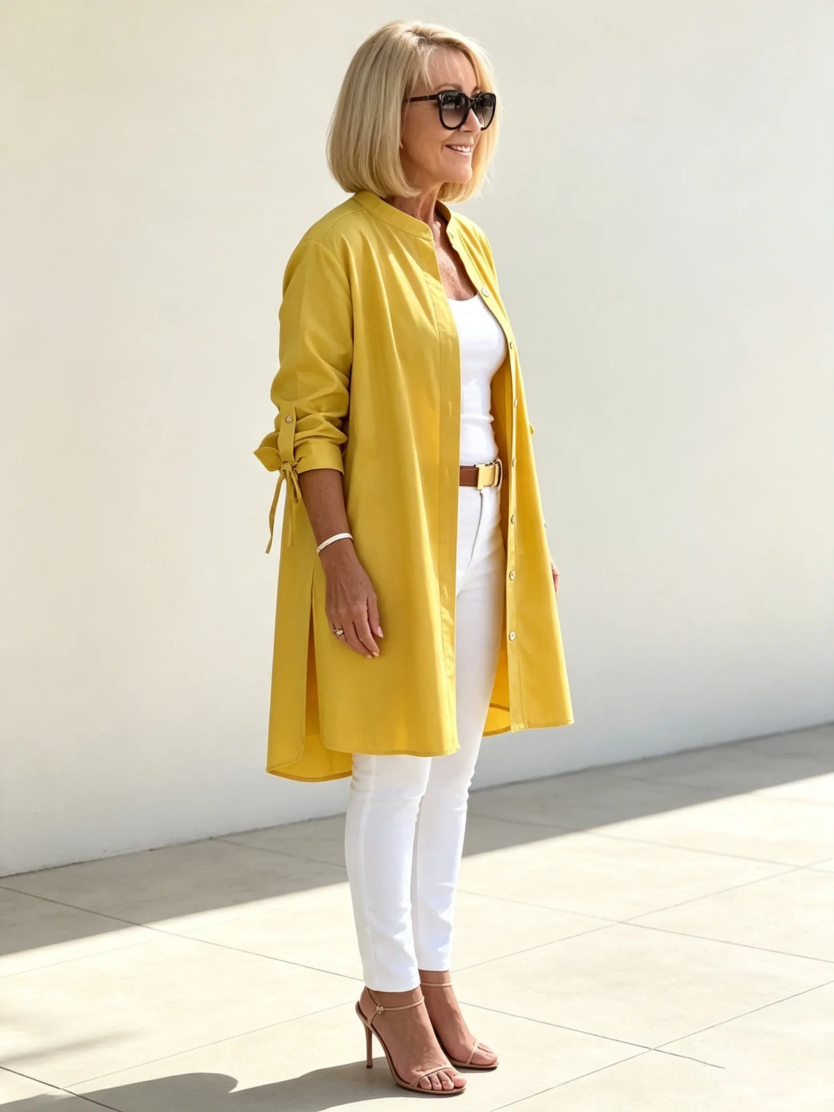 Solid Color Long Cotton Shirt Flattering Gathered Yolk At The Back