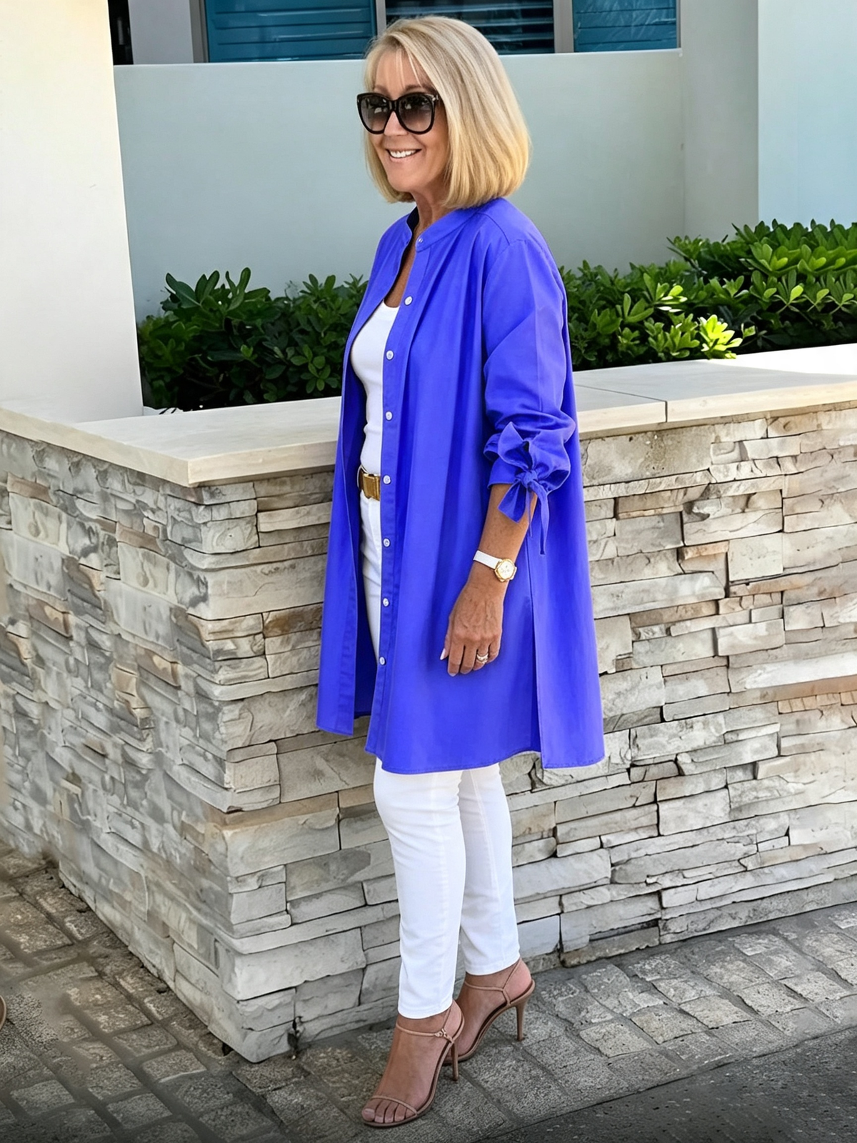 Solid Color Long Cotton Shirt Flattering Gathered Yolk At The Back