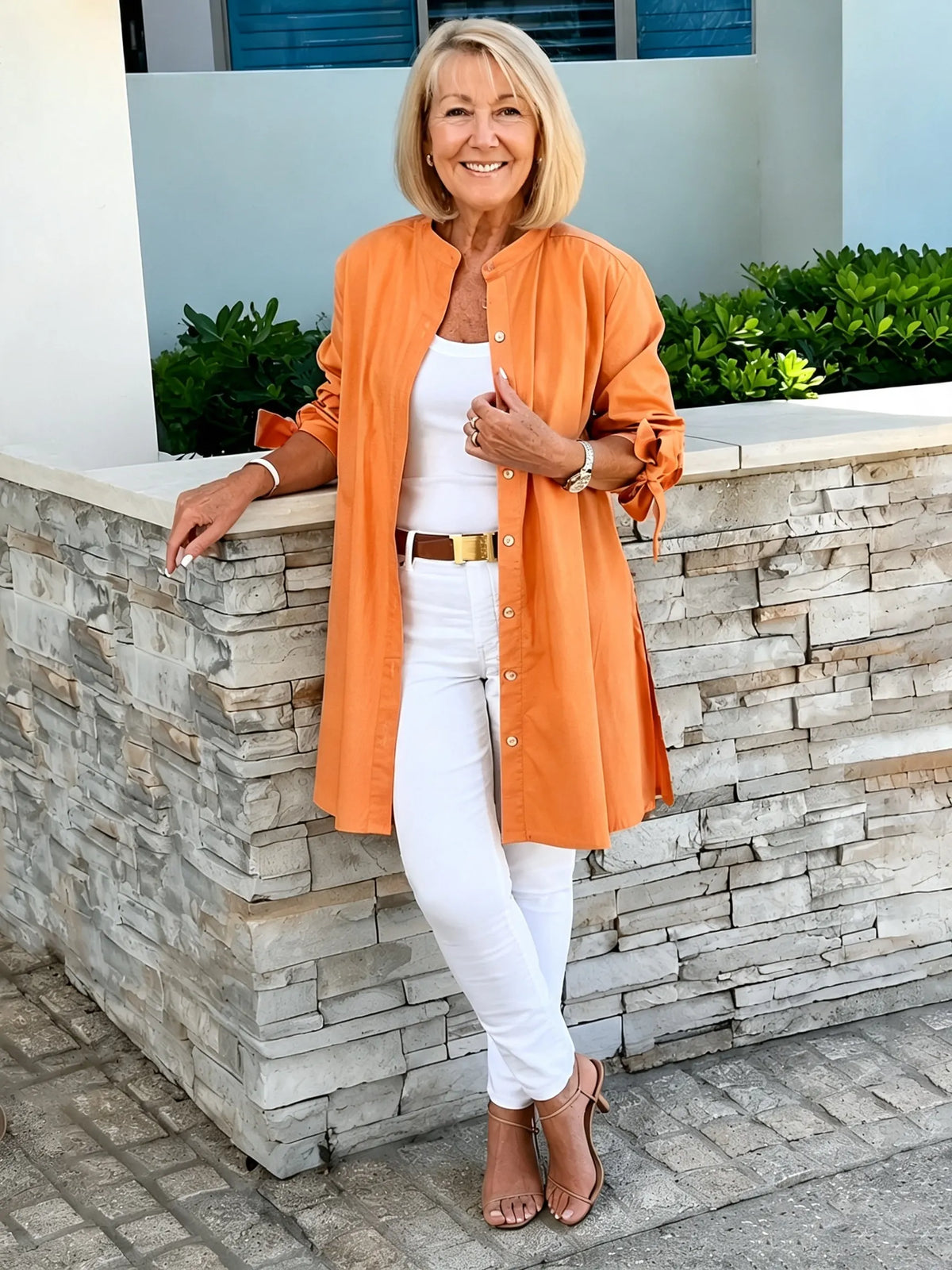 Solid Color Long Cotton Shirt Flattering Gathered Yolk At The Back
