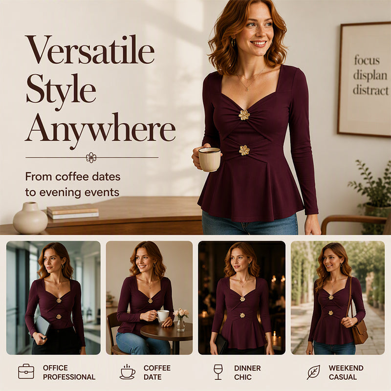 🔥 FINAL HOURS — Women's V-Neck Peplum Top | Feminine Floral Detail & Elegant Everyday Style